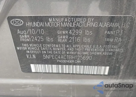2011 Hyundai Sonata Se from USA, damaged, VIN 5NPEC4AC1BH125690